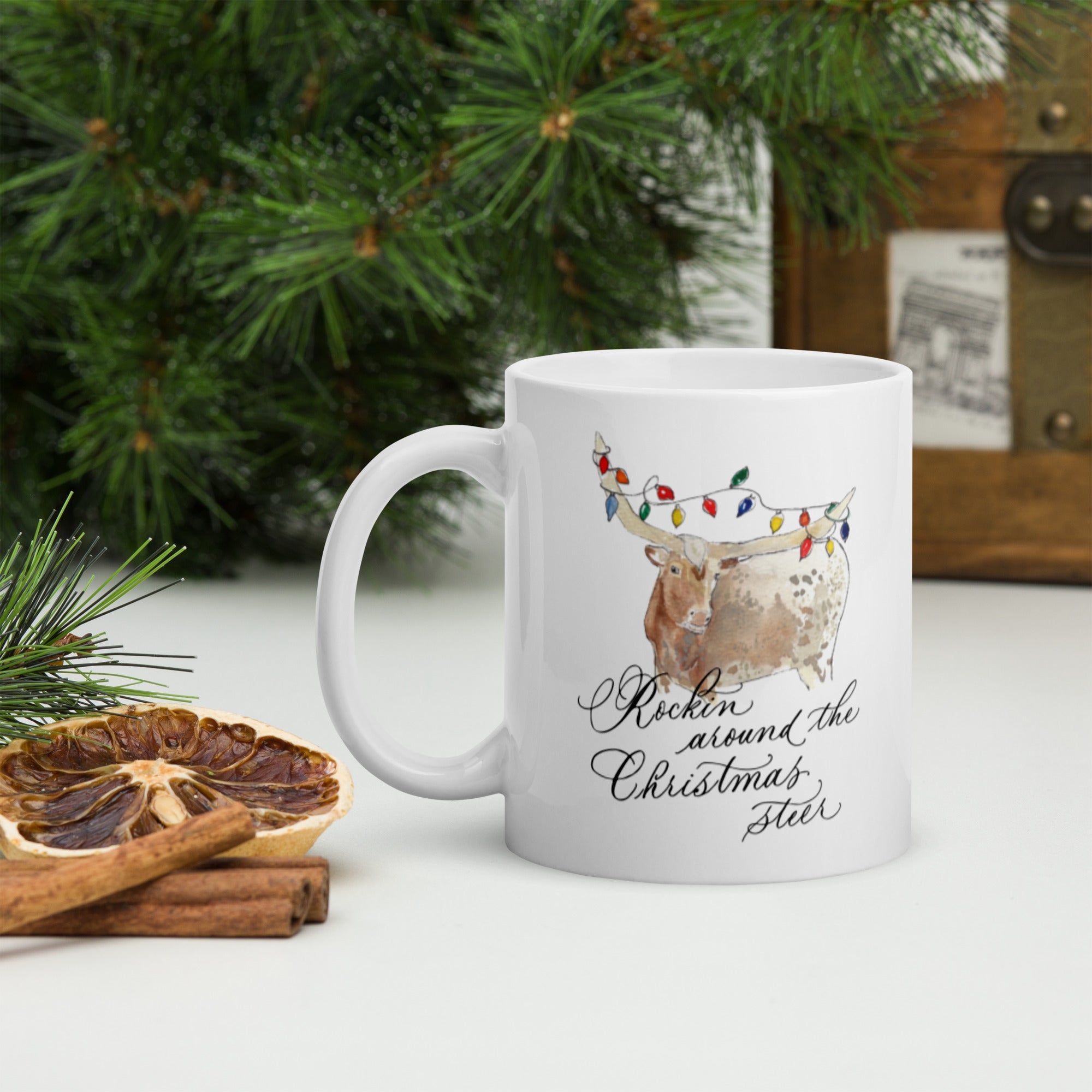 Rockin' around the Christmas Steer Mug - Caroline Calligraphie