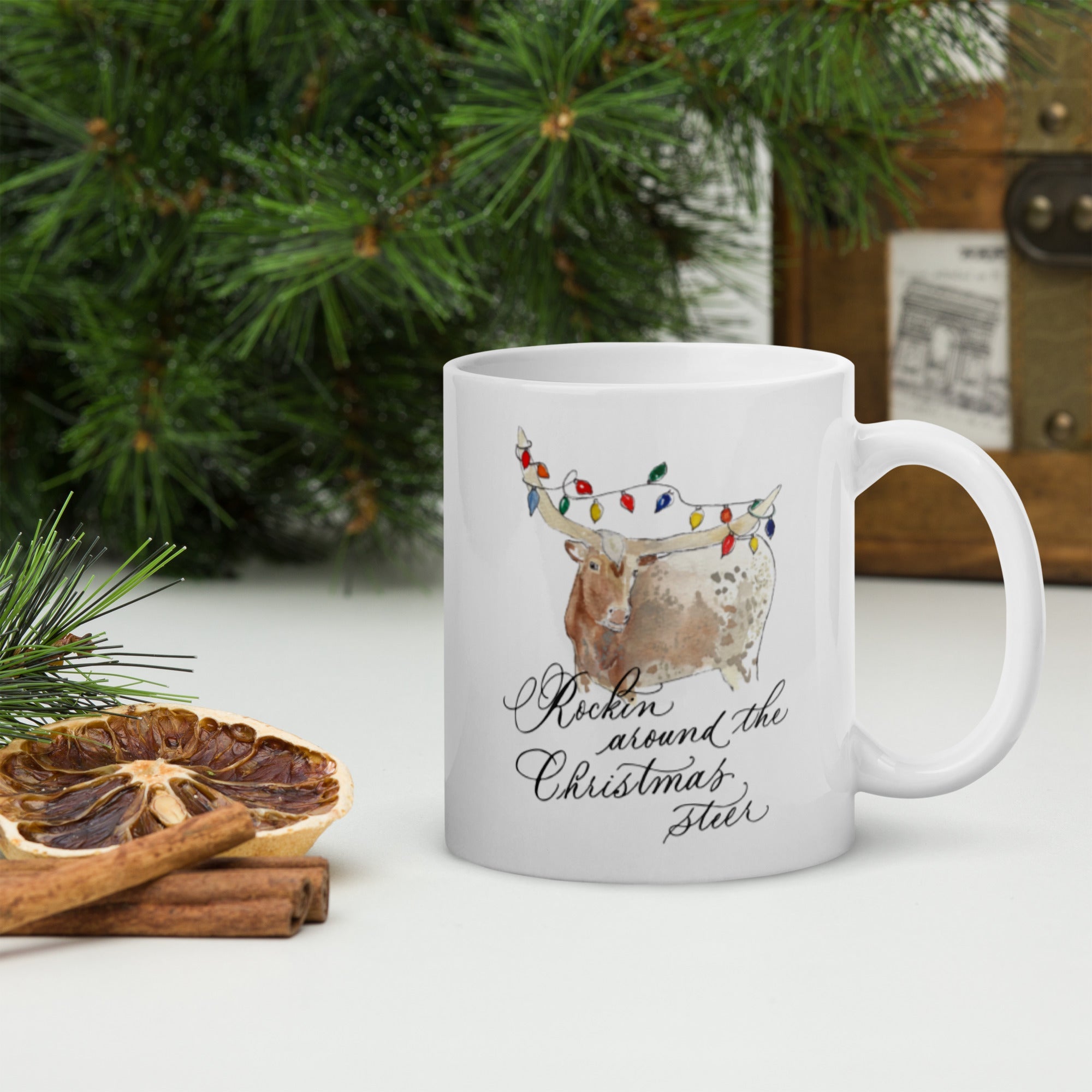 Rockin' around the Christmas Steer Mug - Caroline Calligraphie