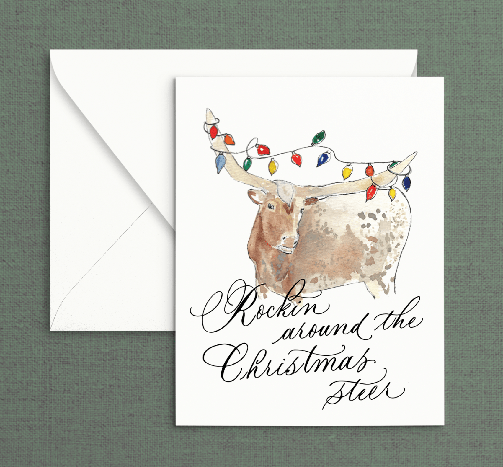 Rockin' Around the Christmas Steer Greeting Card - Caroline Calligraphie