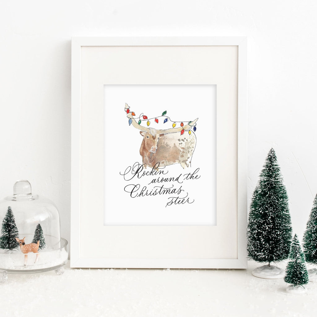 Rockin Around the Christmas Steer Print - Caroline Calligraphie